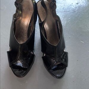 Joanne and David, black patent leather wedges sandals